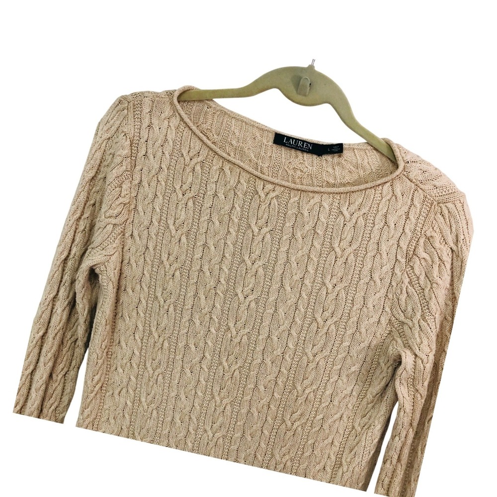 Lauren Ralph Lauren Tan Cable Knit Cotton Boat Neck Sweater Fisherman L Fits S/M